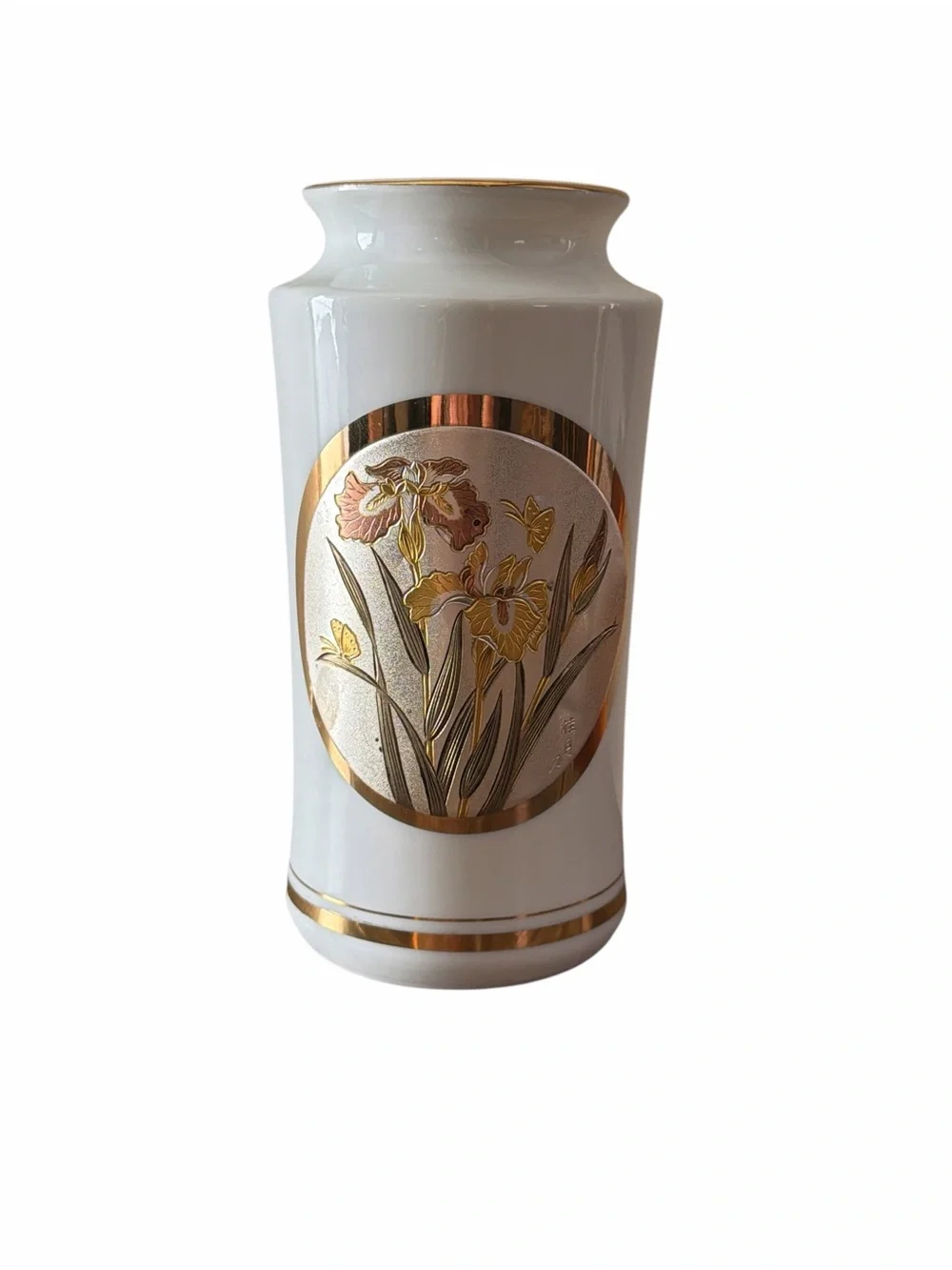 Chokin Art Japan 24K Gold Gilded Porcelain Vase Iris Butterfly Floral Decorative